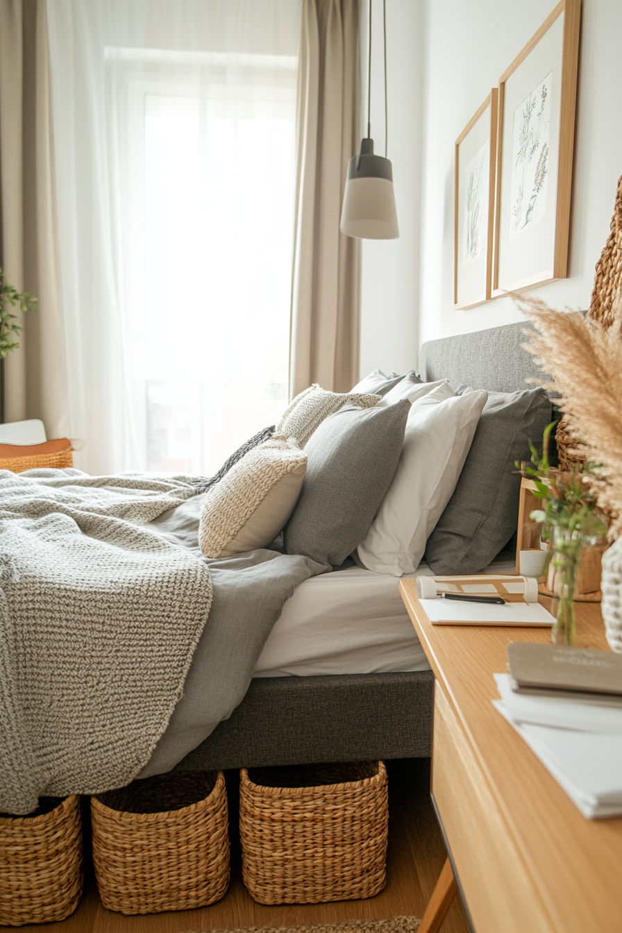 Under-bed storage in a small bedroom office