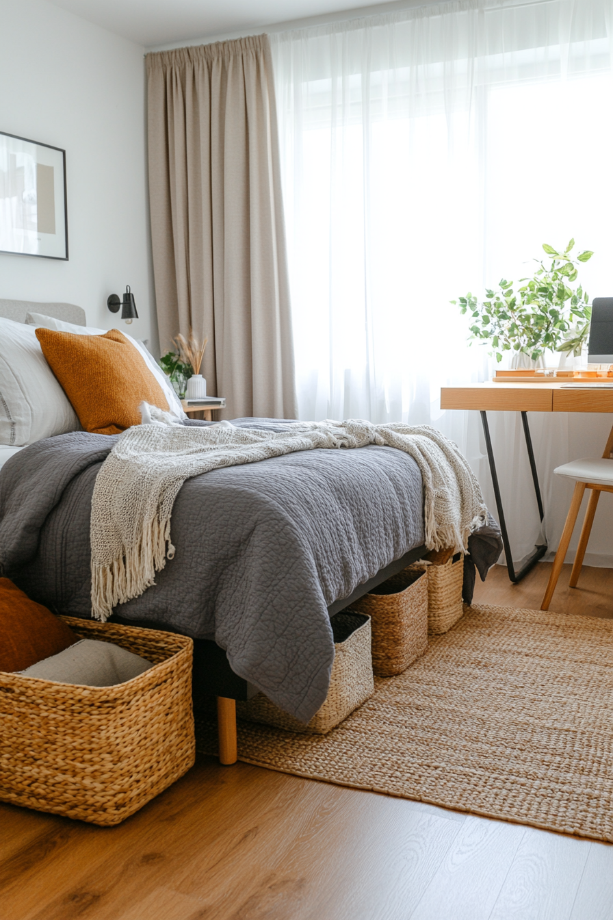 Storage bins under bed in a small home office