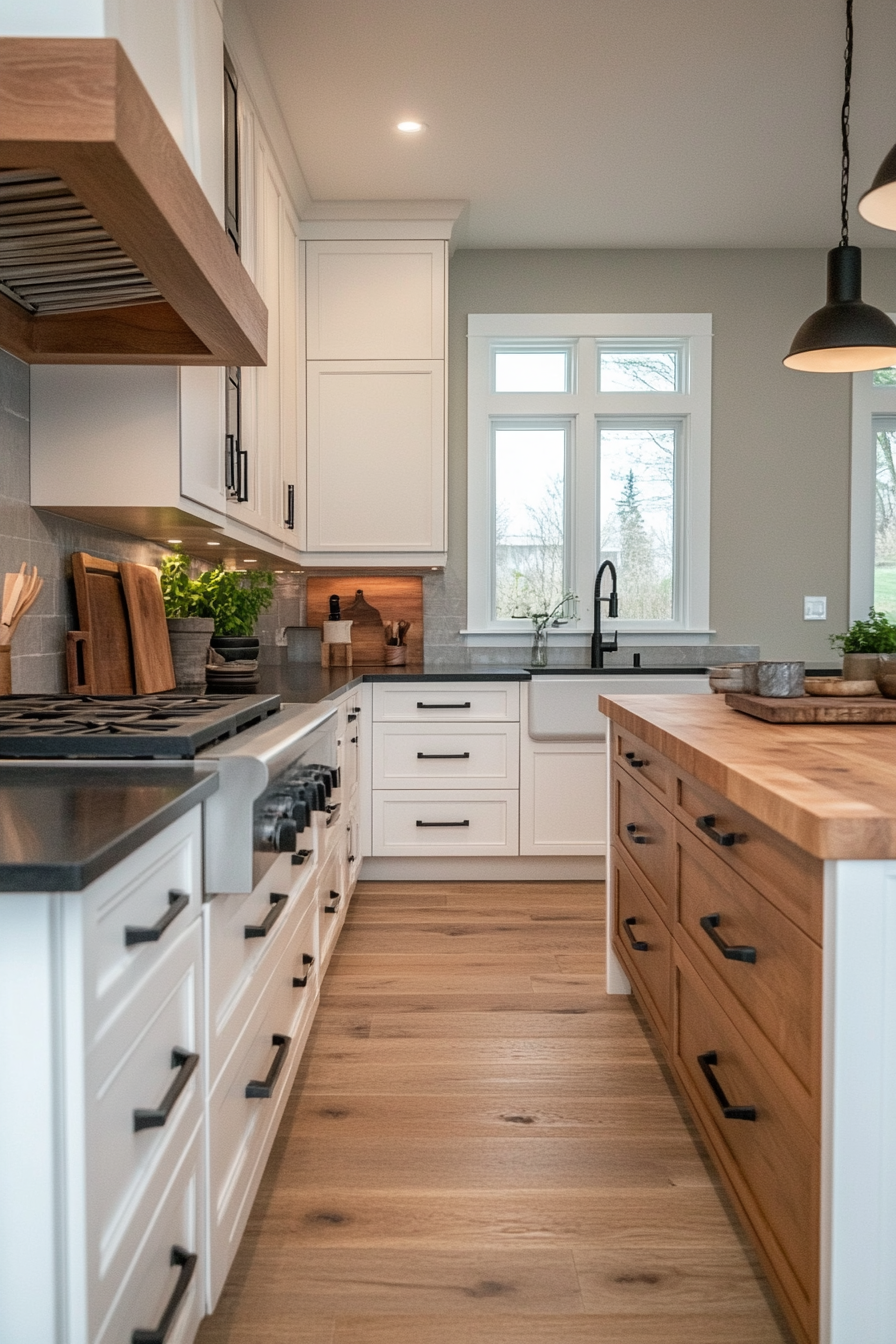Matte black cabinet handles paired with white cabinets and black countertops