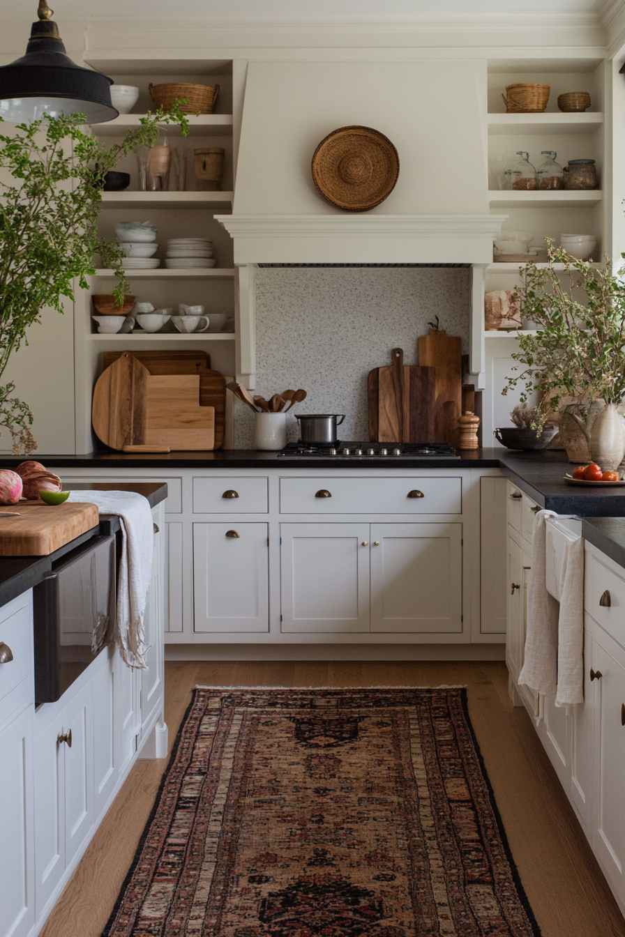 Warm, natural decor for kitchens with white cabinets and black countertops