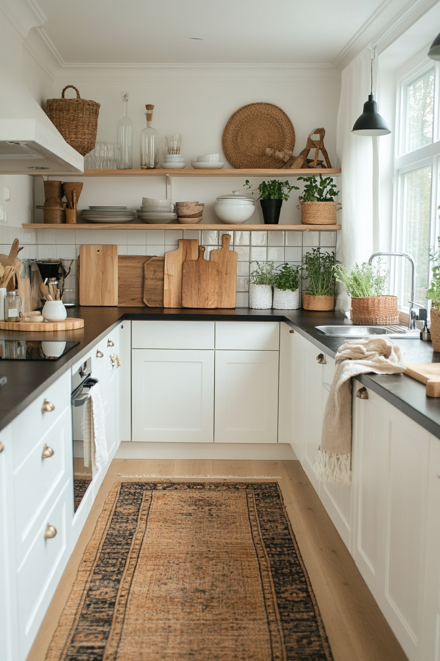 Natural wood and greenery for a warm kitchen aesthetic