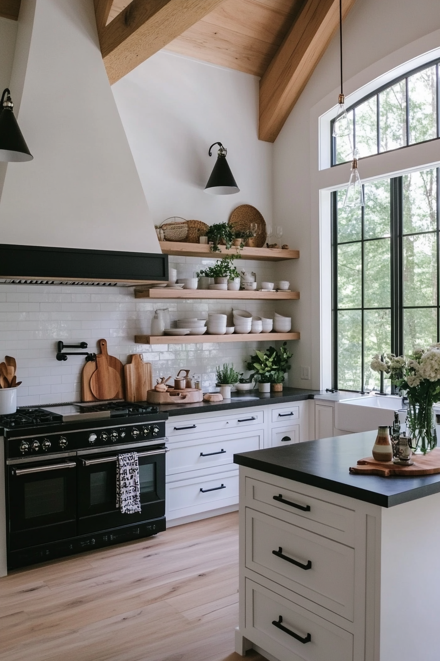 Slim appliances and smart shelving for small kitchens with black and white contrast