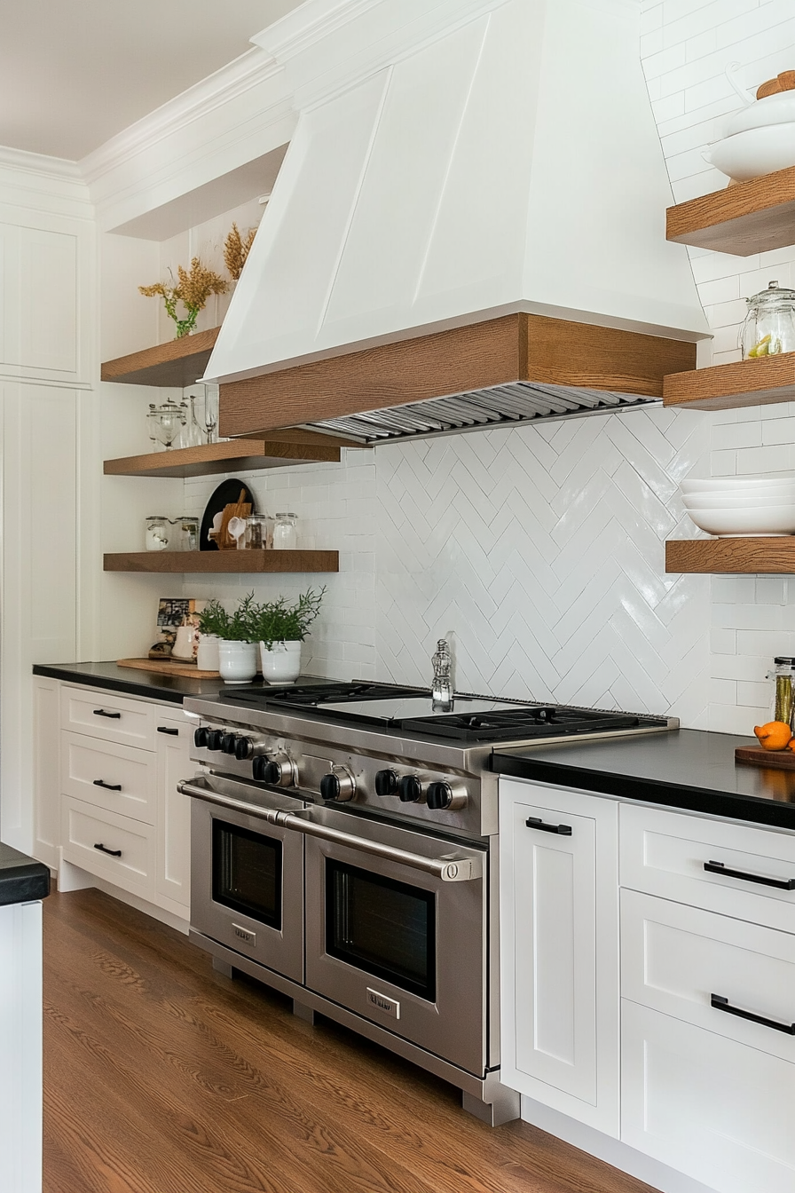 Hexagonal tile backsplash for added texture in a white and black kitchen