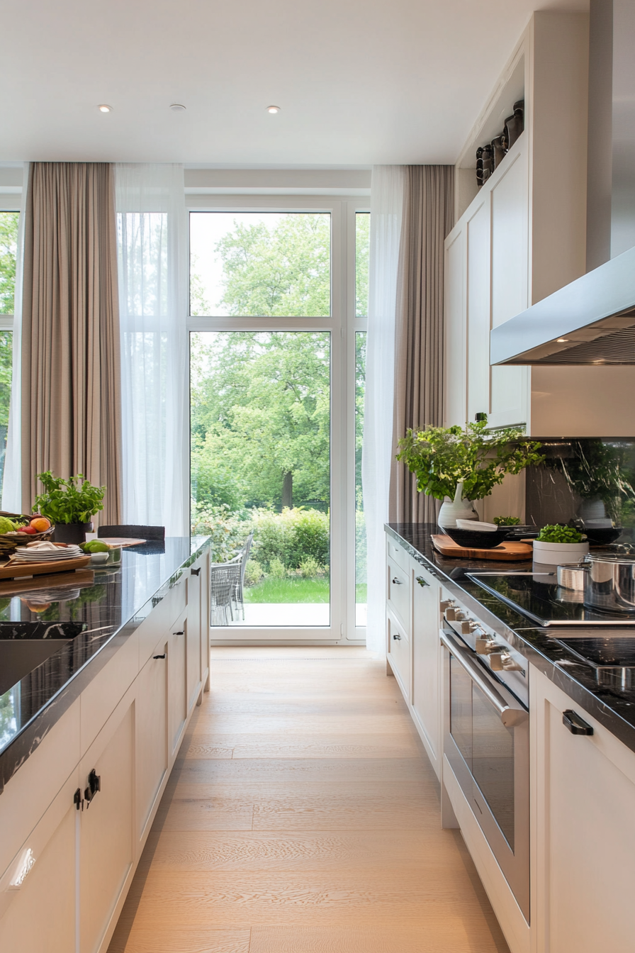 Sophisticated black marble countertops with white cabinets
