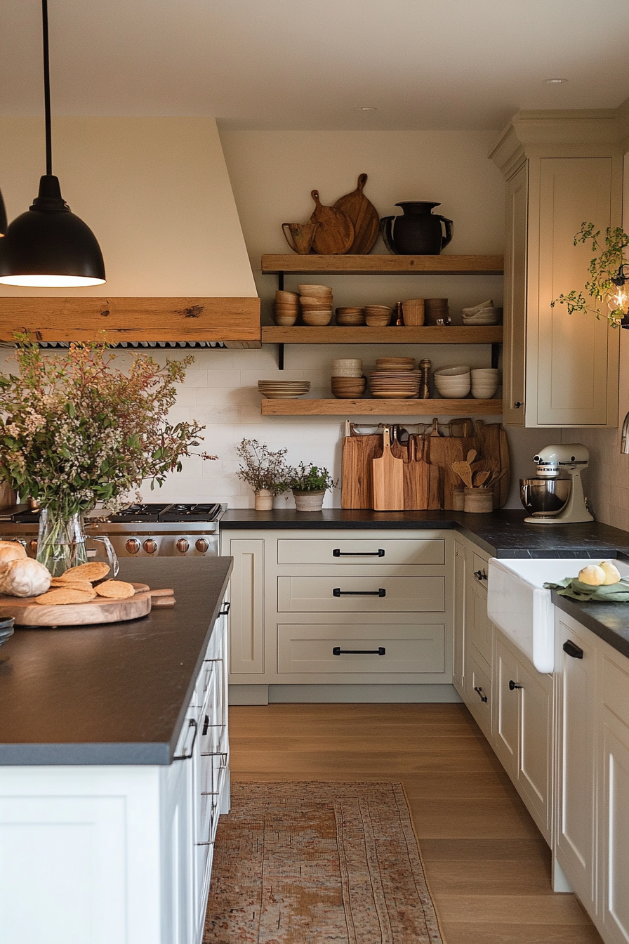 Off-white cabinets to soften the black and white contrast in the kitchen