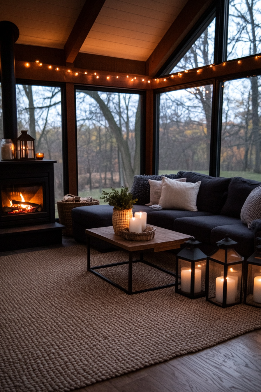 Modern lighting fixtures and string lights for a magical winter glow.