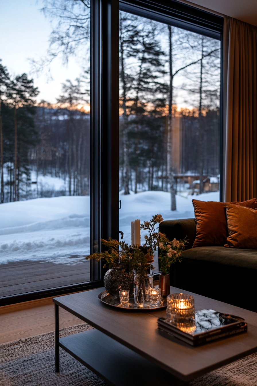 Minimalist winter decor with silver metallics and geometric shapes.