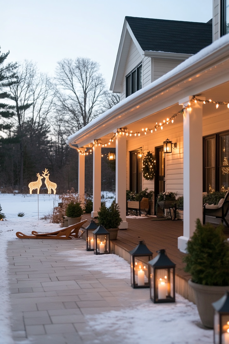 Outdoor winter decorations with twinkling lights, potted evergreens, and a snow-covered path.