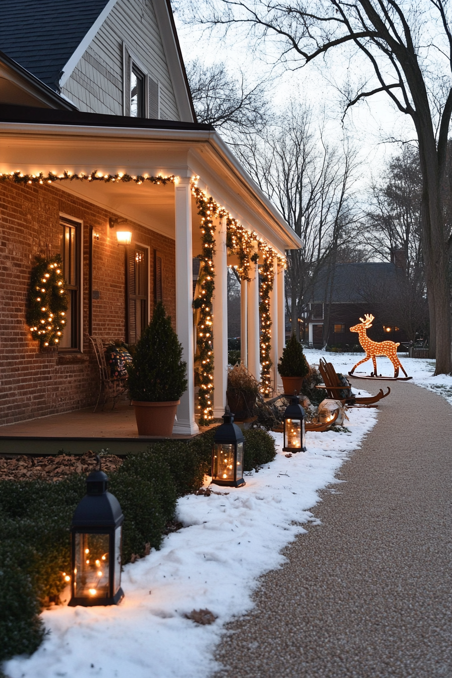 Light-up reindeer and evergreen decorations for a wintery front yard.