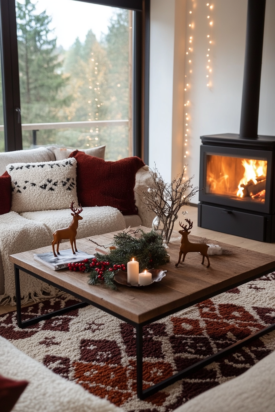 Plush throw blankets and oversized cushions in a cozy winter living room.