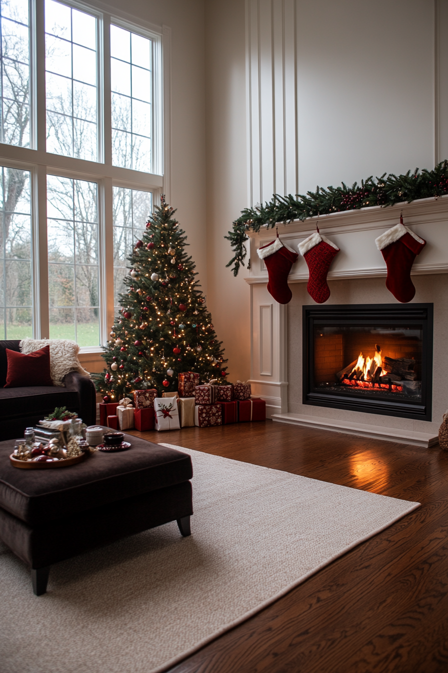 Garlands and stockings hung by the fireplace for Christmas.
