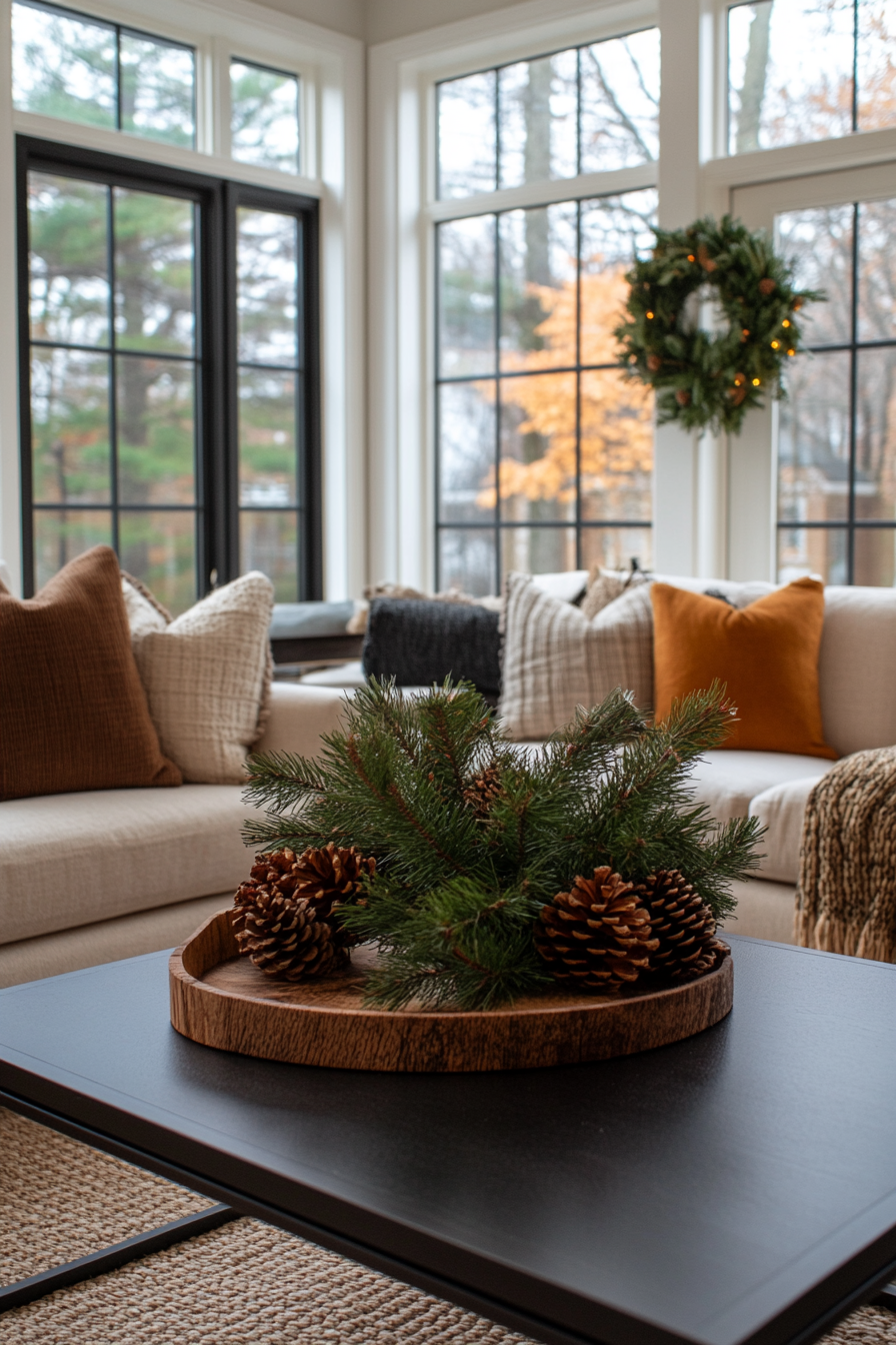 Minimalist winter living room with a neutral color palette and simple decor.