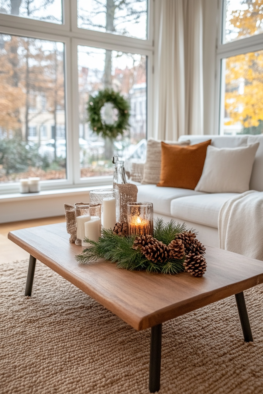 Simple, neutral-toned winter decorations for minimalist style.
