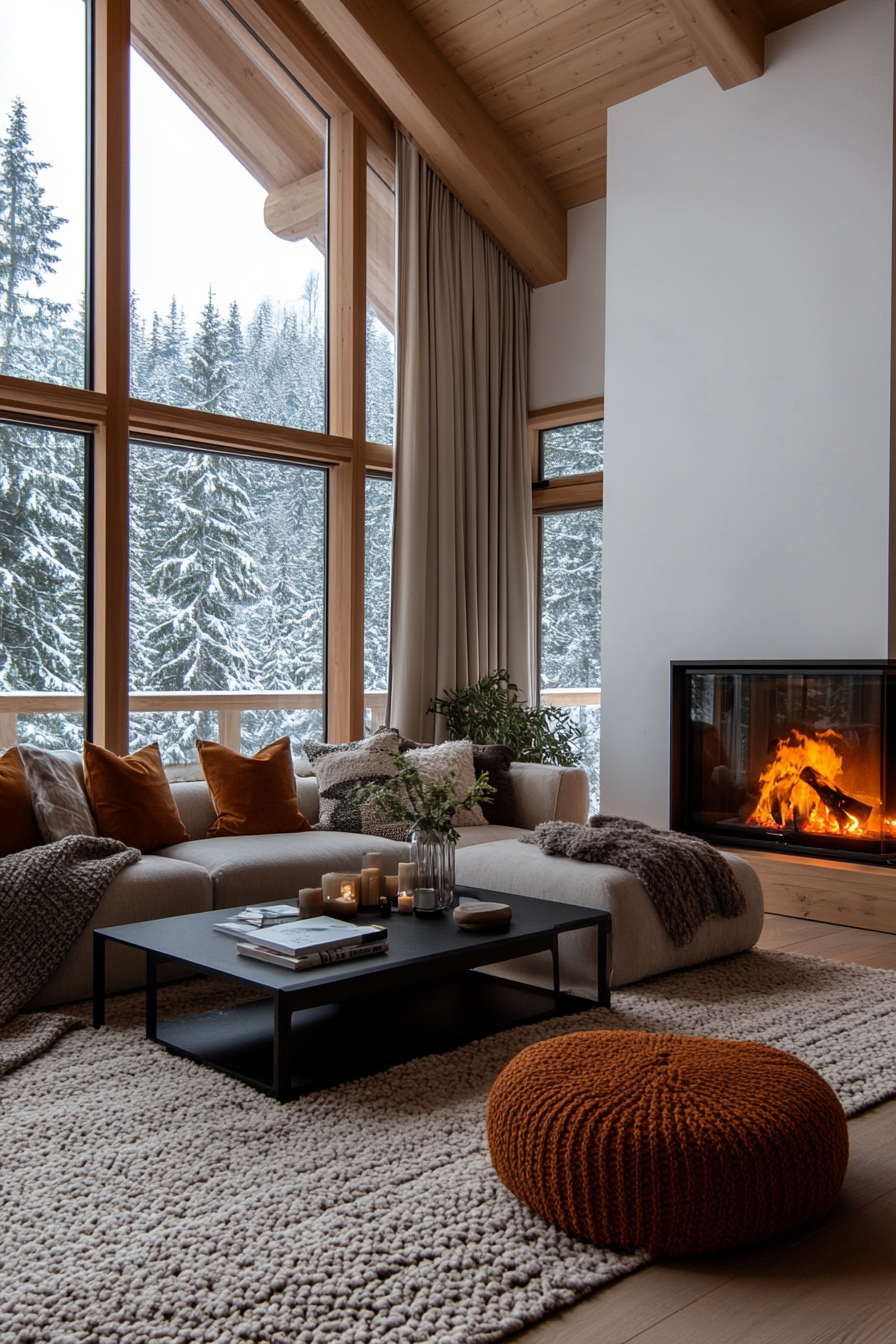 Living room filled with cozy winter textures like wool, faux fur, and chunky knits.
