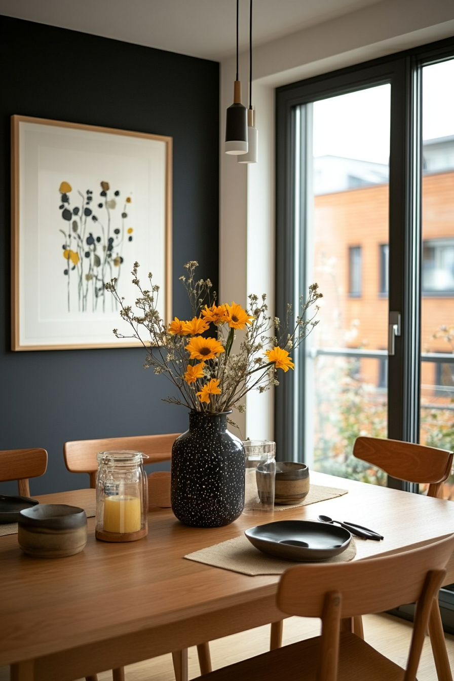 Quirky, personalized decor in mid-century dining room.