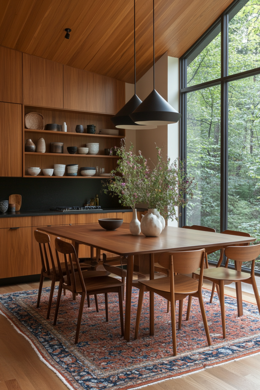 Wooden dining table paired with natural wood shelving.