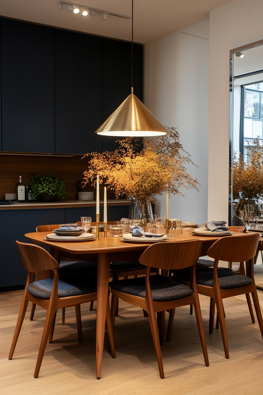 Brass chandelier and metallic candlesticks in dining room.
