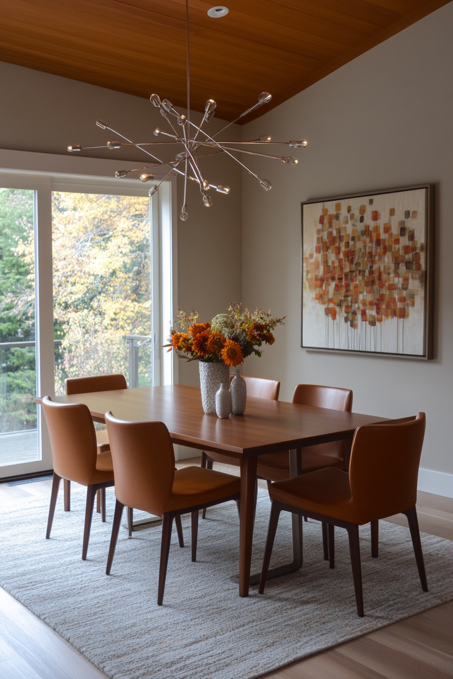 Sculptural chairs and pendant light in dining room.