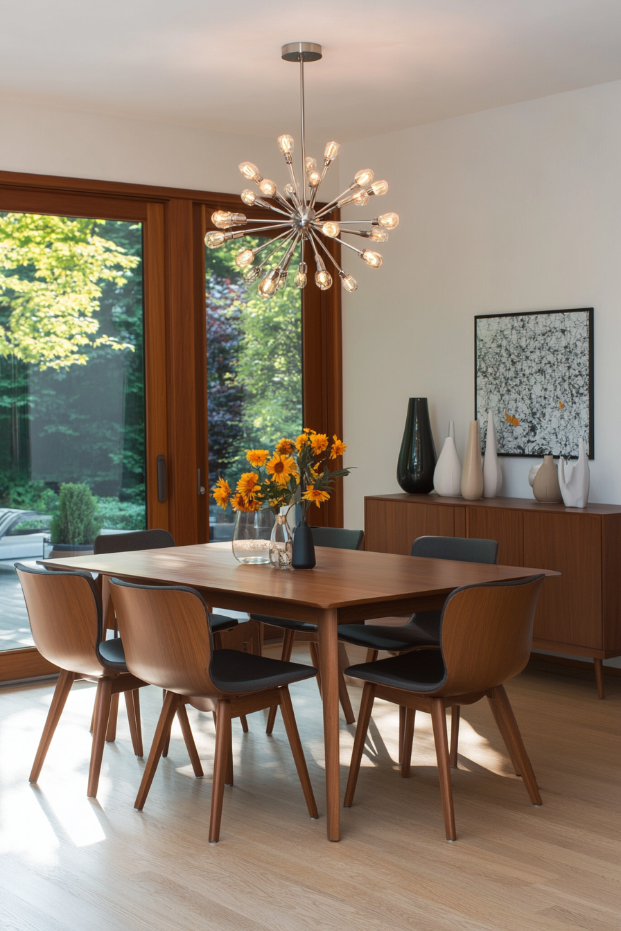 Arc floor lamp and sculptural vase in dining room.