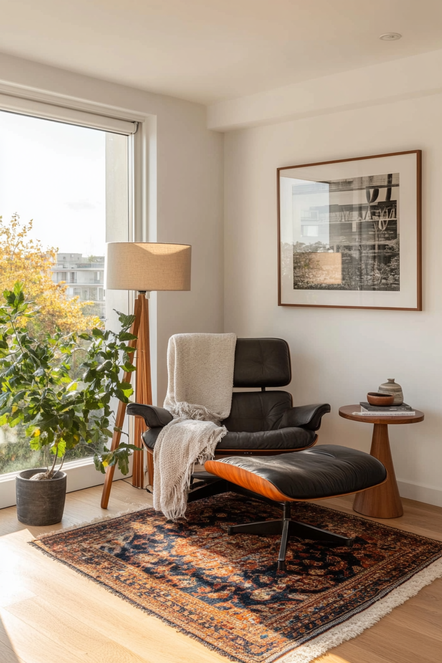 Cozy reading nook in mid-century modern dining room.