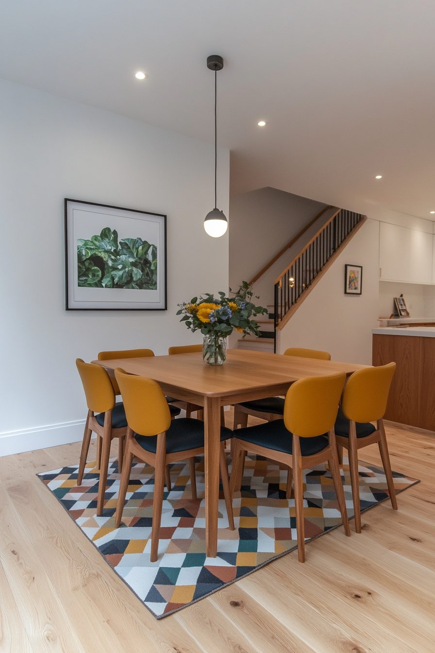 Dining room with neutral tones and pops of bold color.