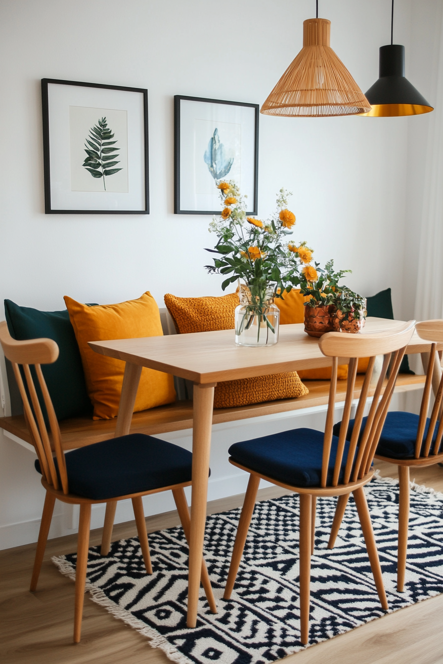 Bold-colored cushions and artwork in a dining room.