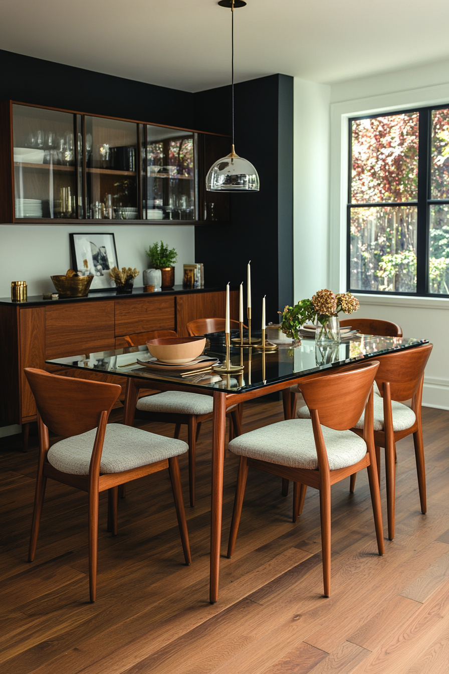 Glass-top dining table with wooden and metal accents.