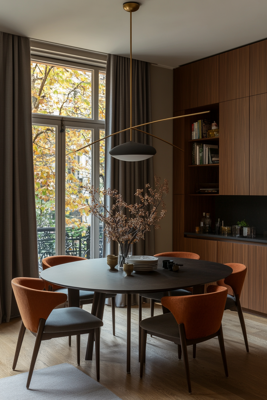 Geometric pendant light over a mid-century dining table.