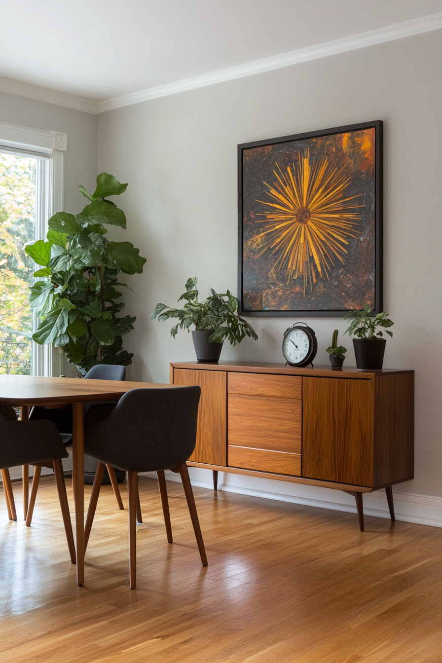 Minimalistic dining room with abstract art and greenery.