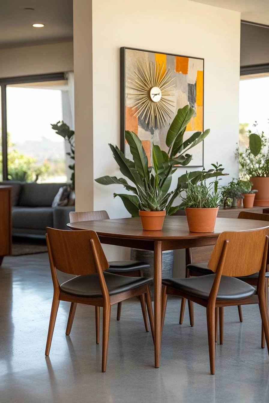 Abstract art and potted greenery in a minimalist dining room.