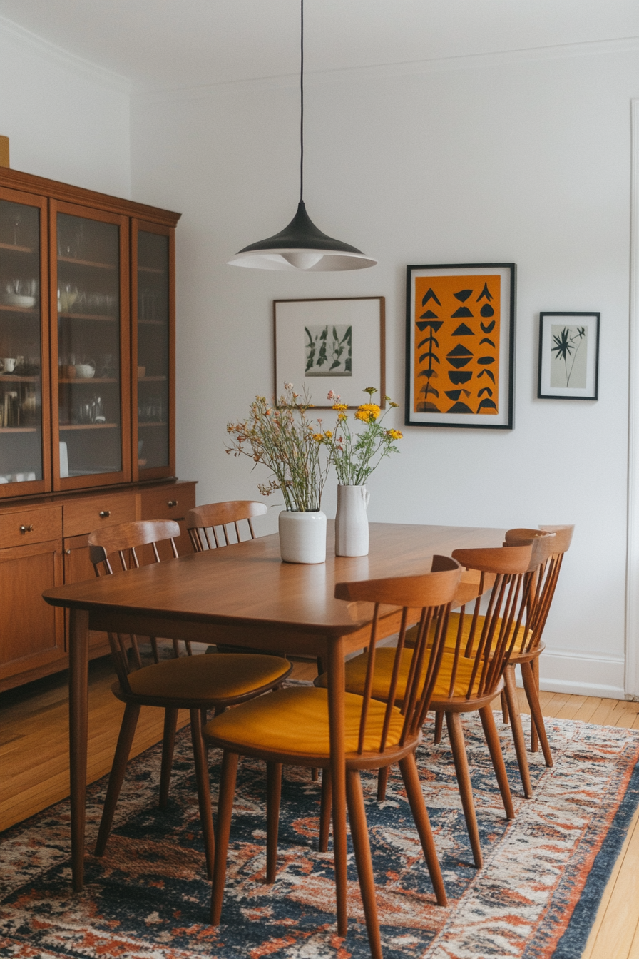 Dining room with thrifted mid-century modern furniture.