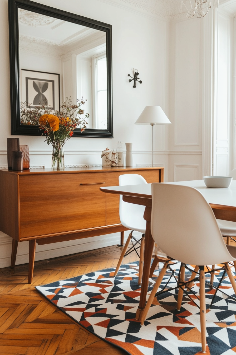 Eames chair and geometric rug in a personalized dining room.