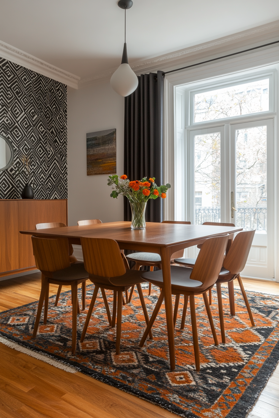 Geometric cushions and wallpaper in mid-century modern dining room.
