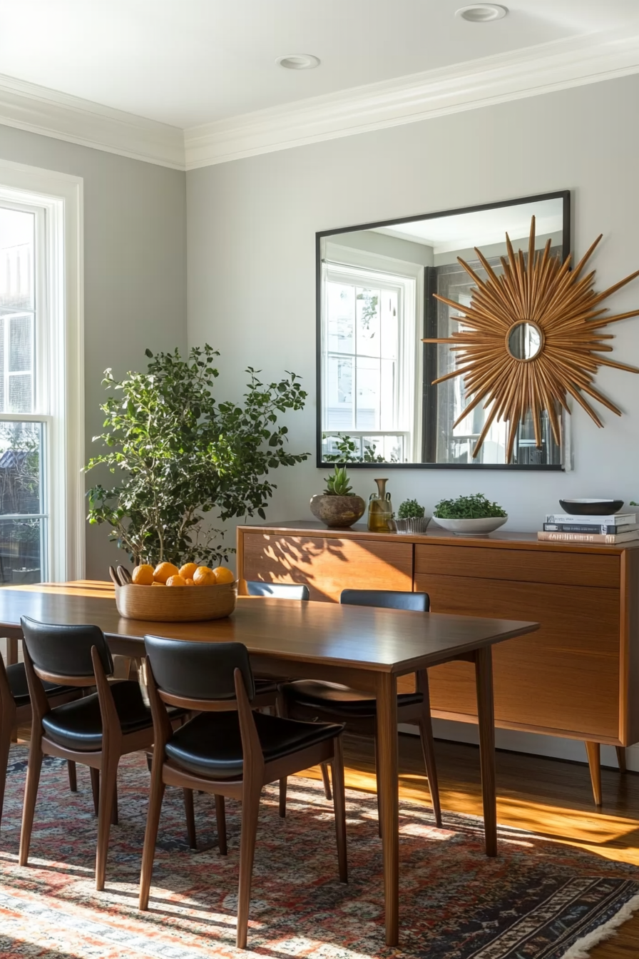 Starburst mirror in a mid-century modern dining room.
