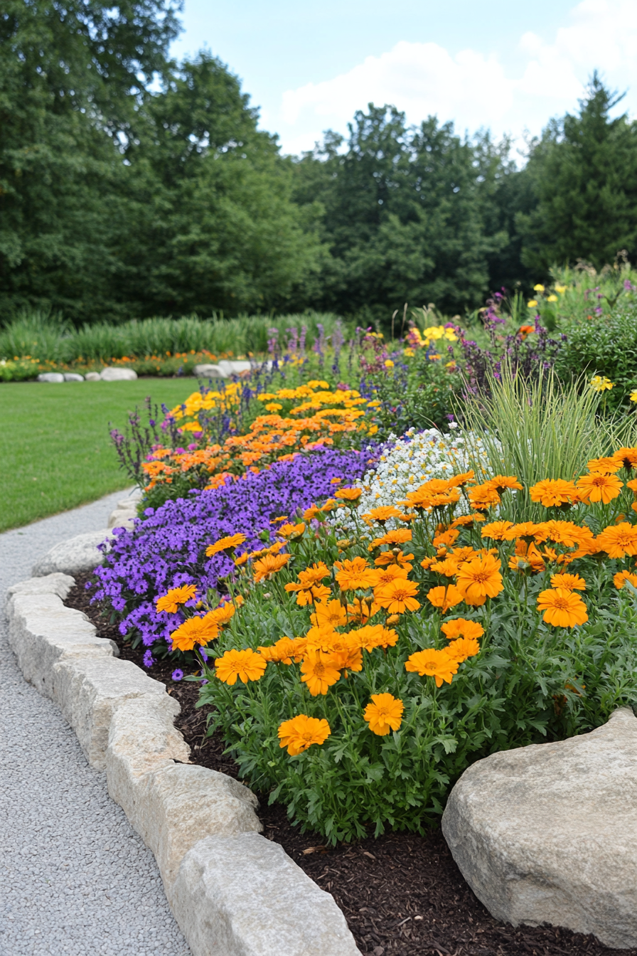 Large stones used as natural borders around flower beds.