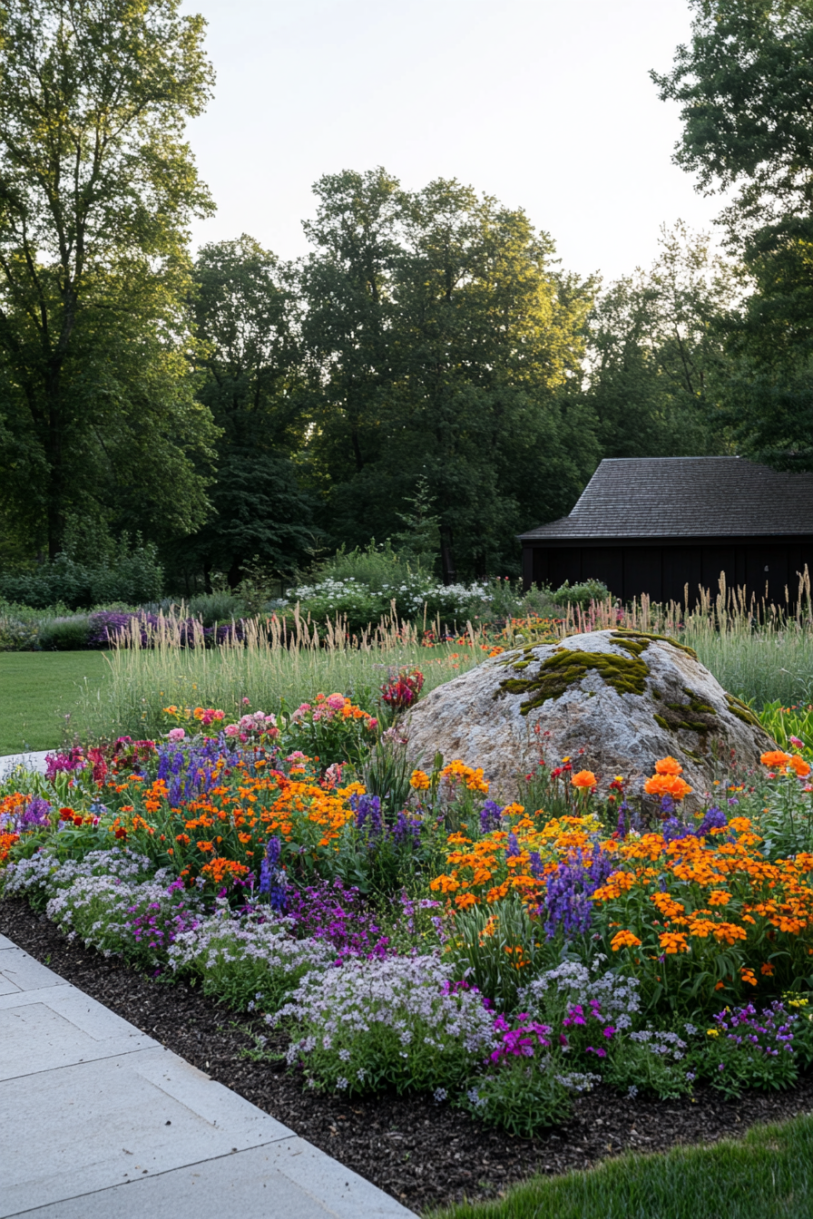 Large boulders as focal points in a flower bed, surrounded by plants.