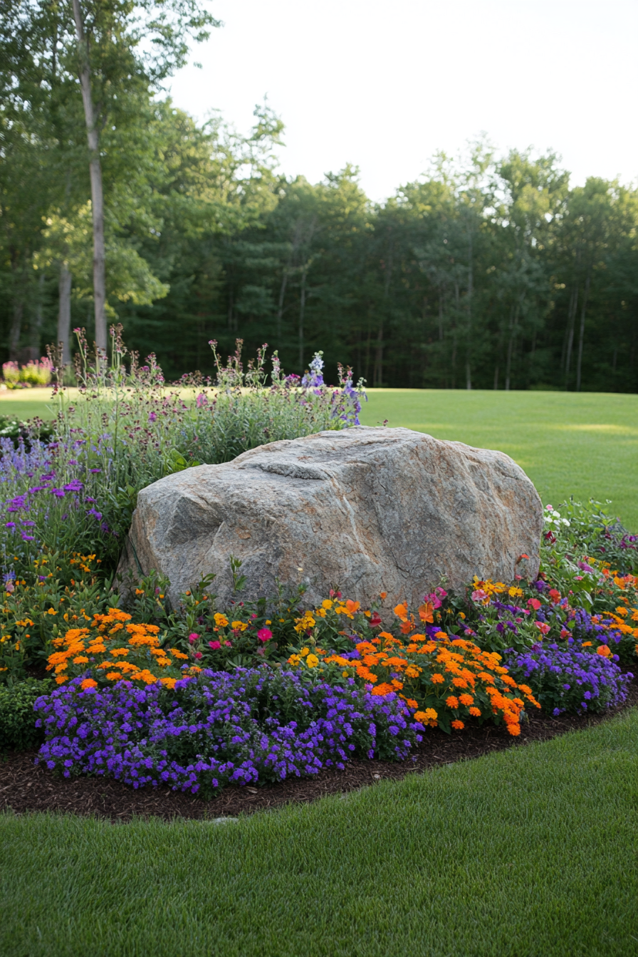 Boulders surrounded by tall grasses and groundcover plants in a balanced garden design.