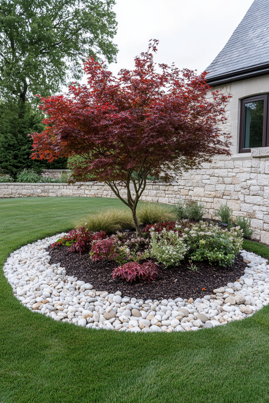Smooth pebbles around ornamental plants in a flower bed.