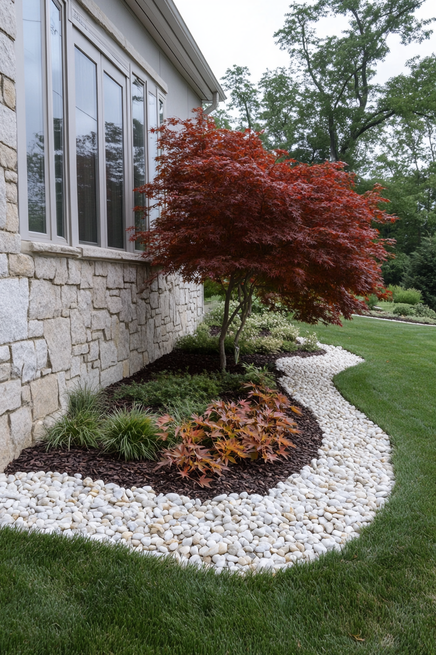 Smooth pebbles surrounding a Japanese maple tree, creating a clean and elegant design.