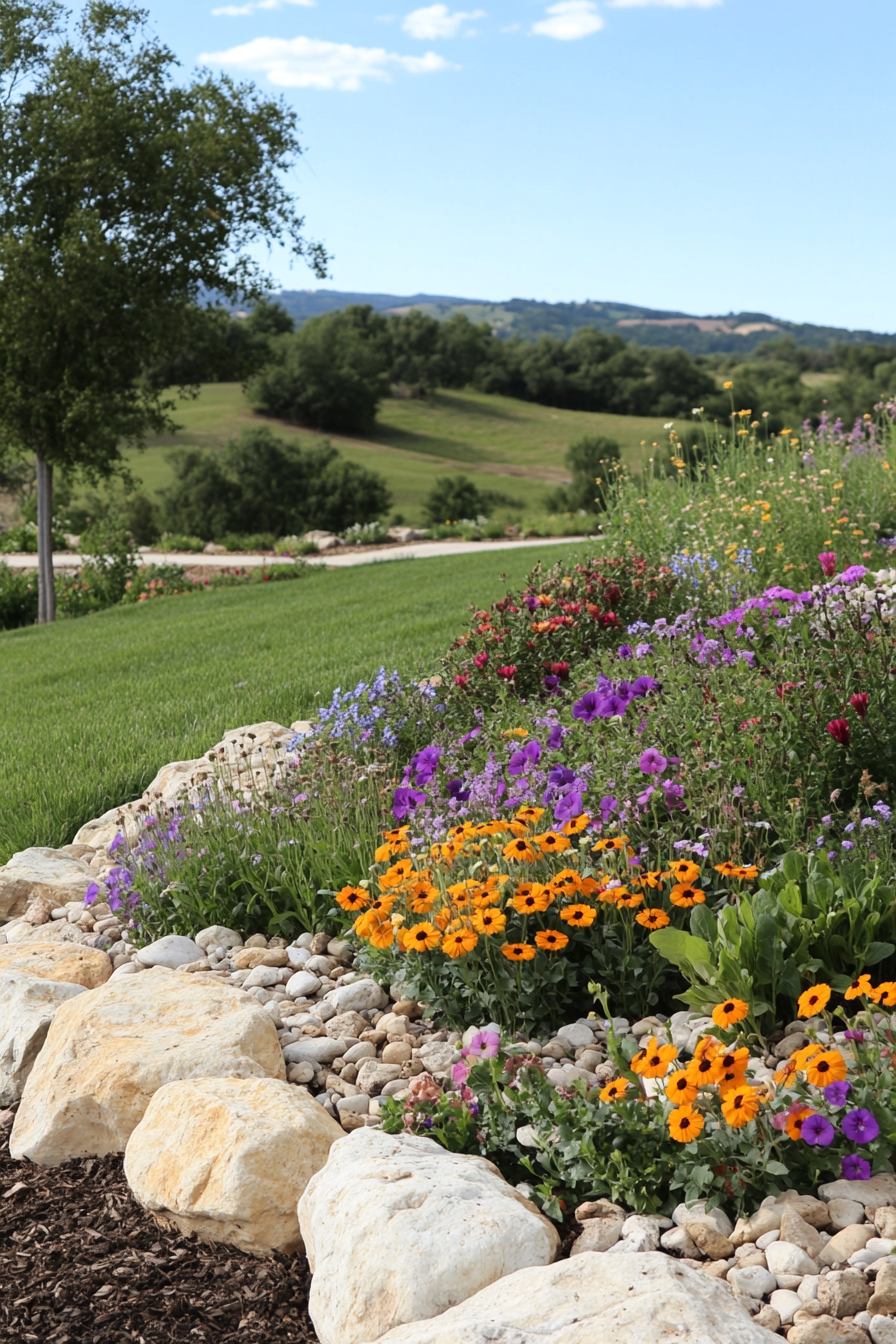 Mixed rock sizes creating texture in a garden bed.