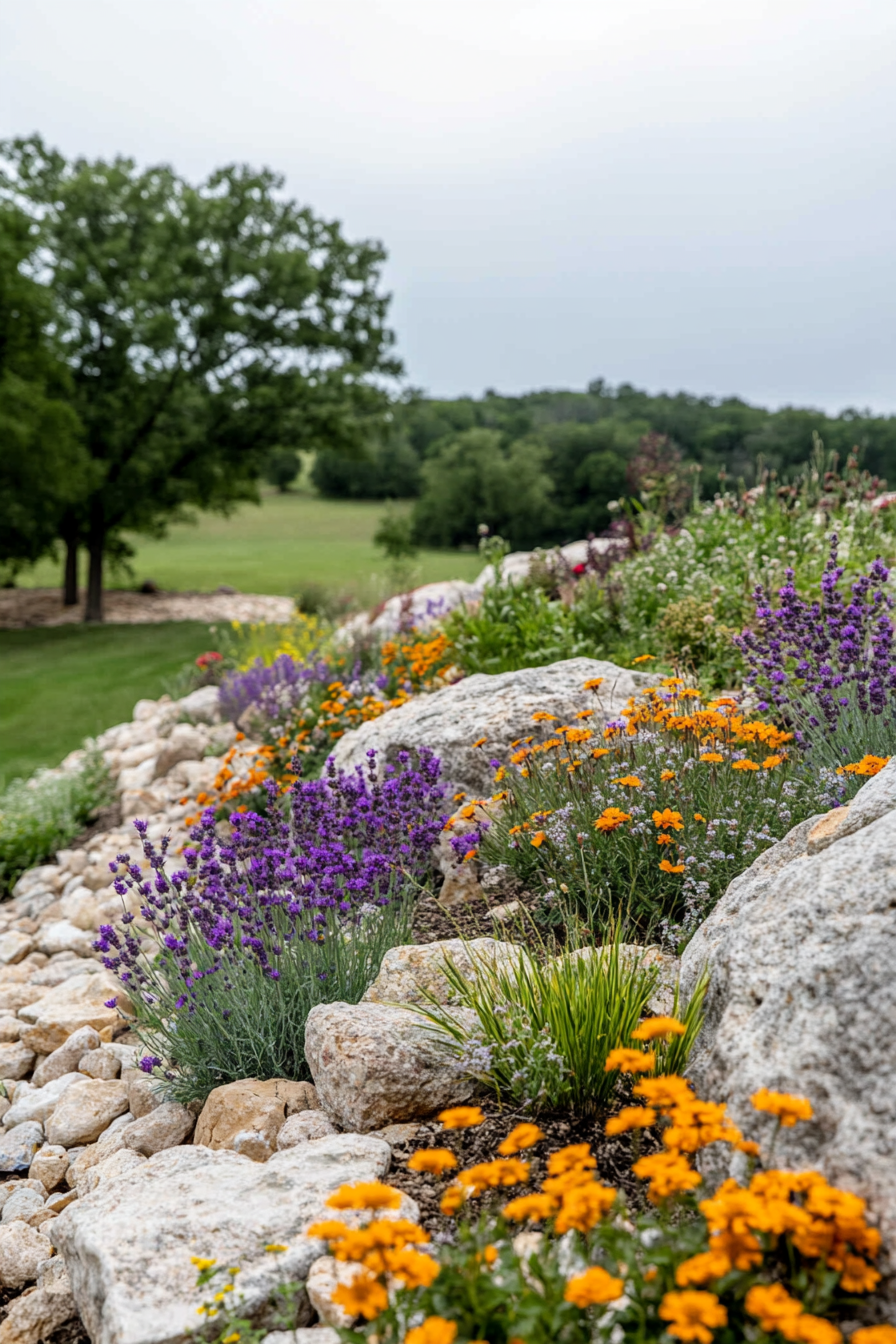 Mixed rock sizes used creatively to add texture and movement in a flower bed.