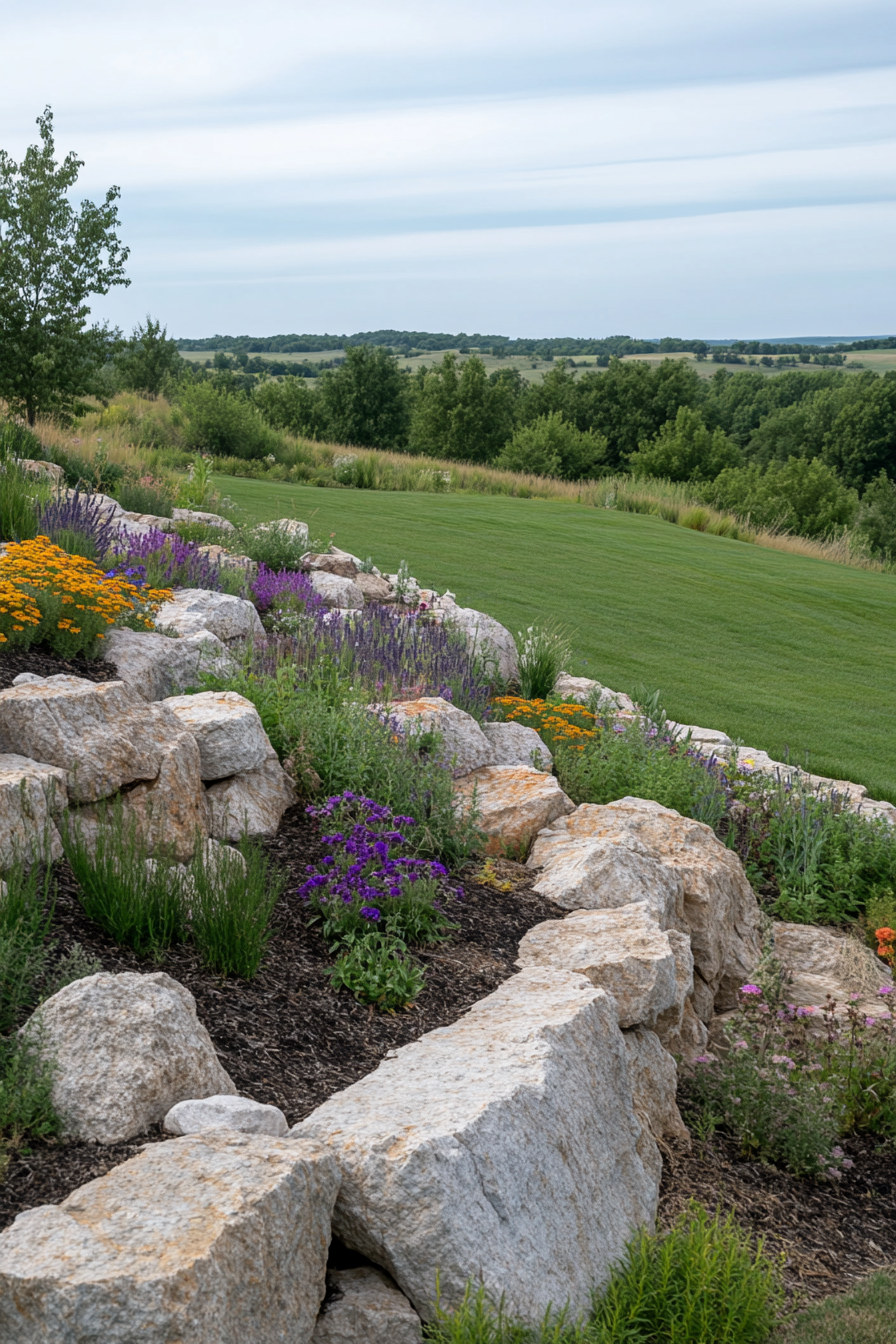 Rocks used to prevent soil erosion on a slope with plants.