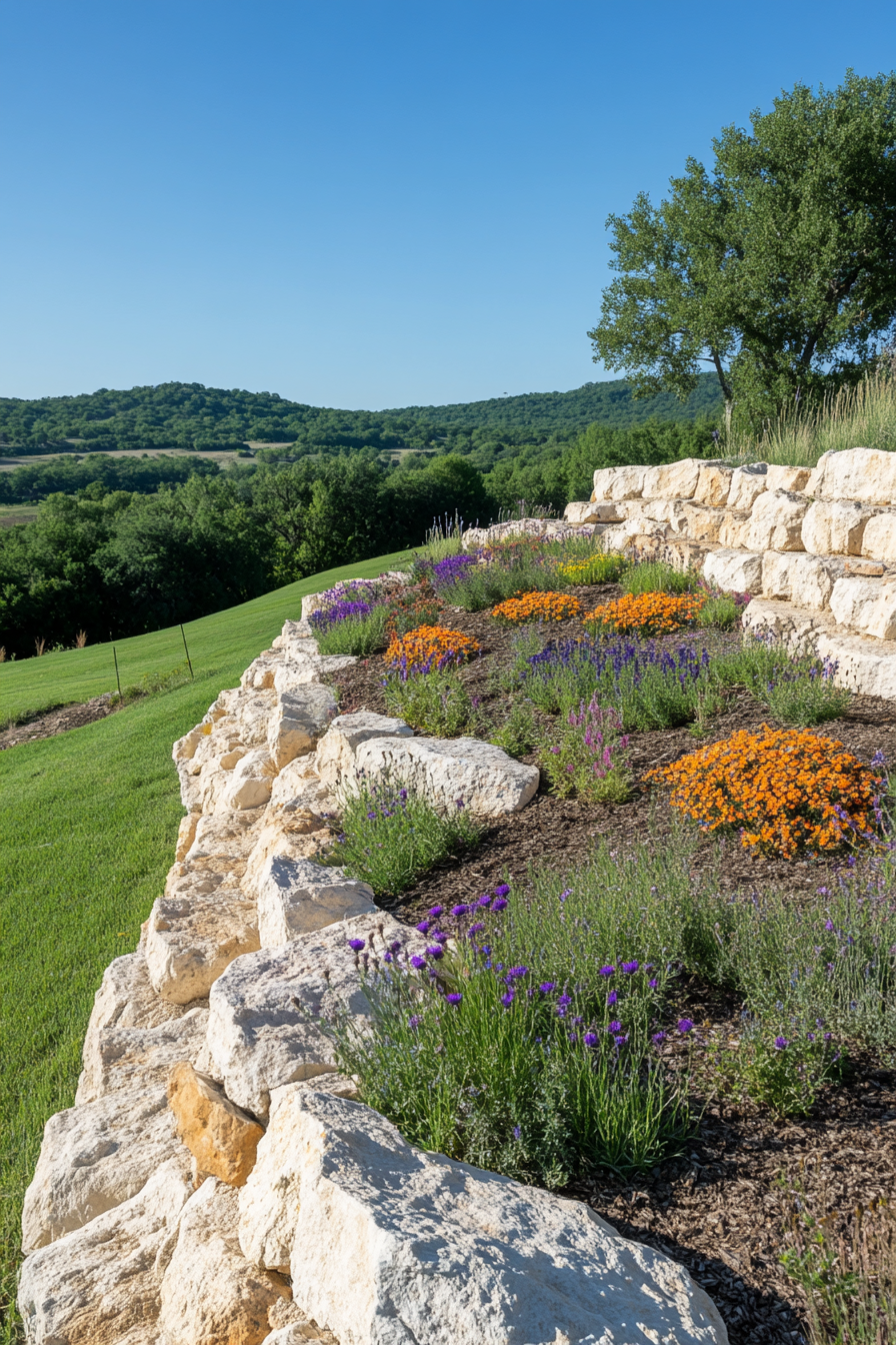 Boulders used in terraced flower beds to prevent soil erosion on a slope.