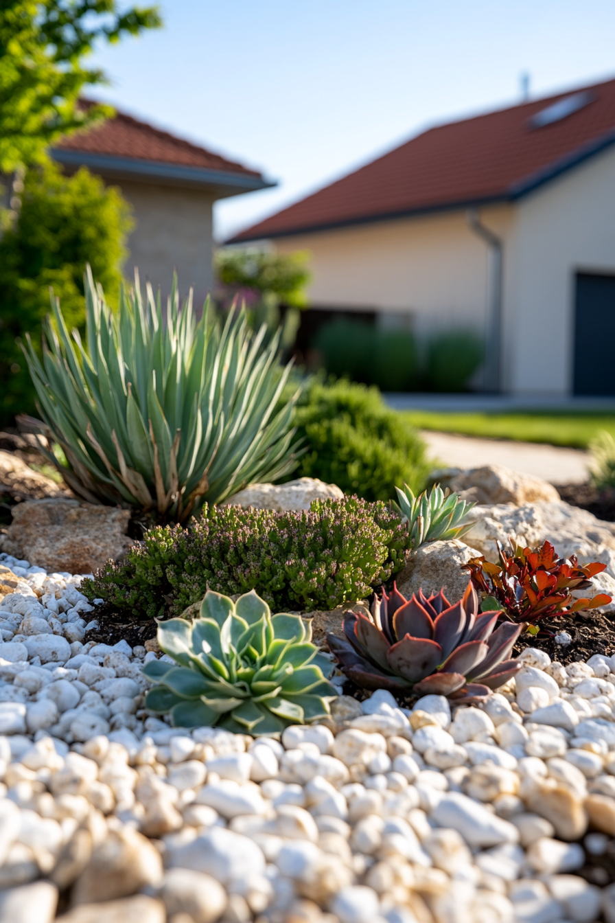 Succulents surrounded by light-colored gravel, creating a sleek and modern desert garden.