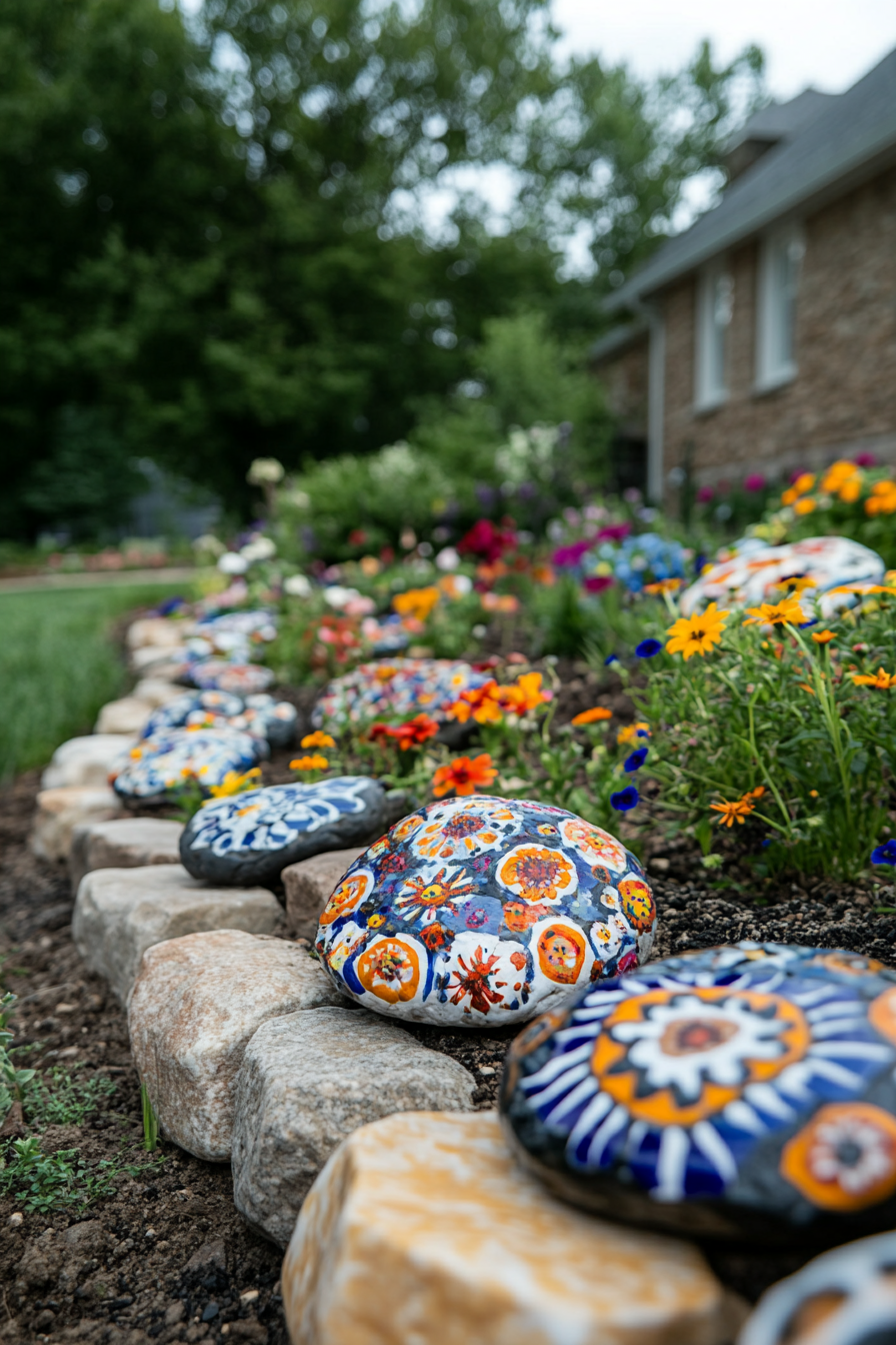 Brightly painted rocks used as plant labels in a flower bed.