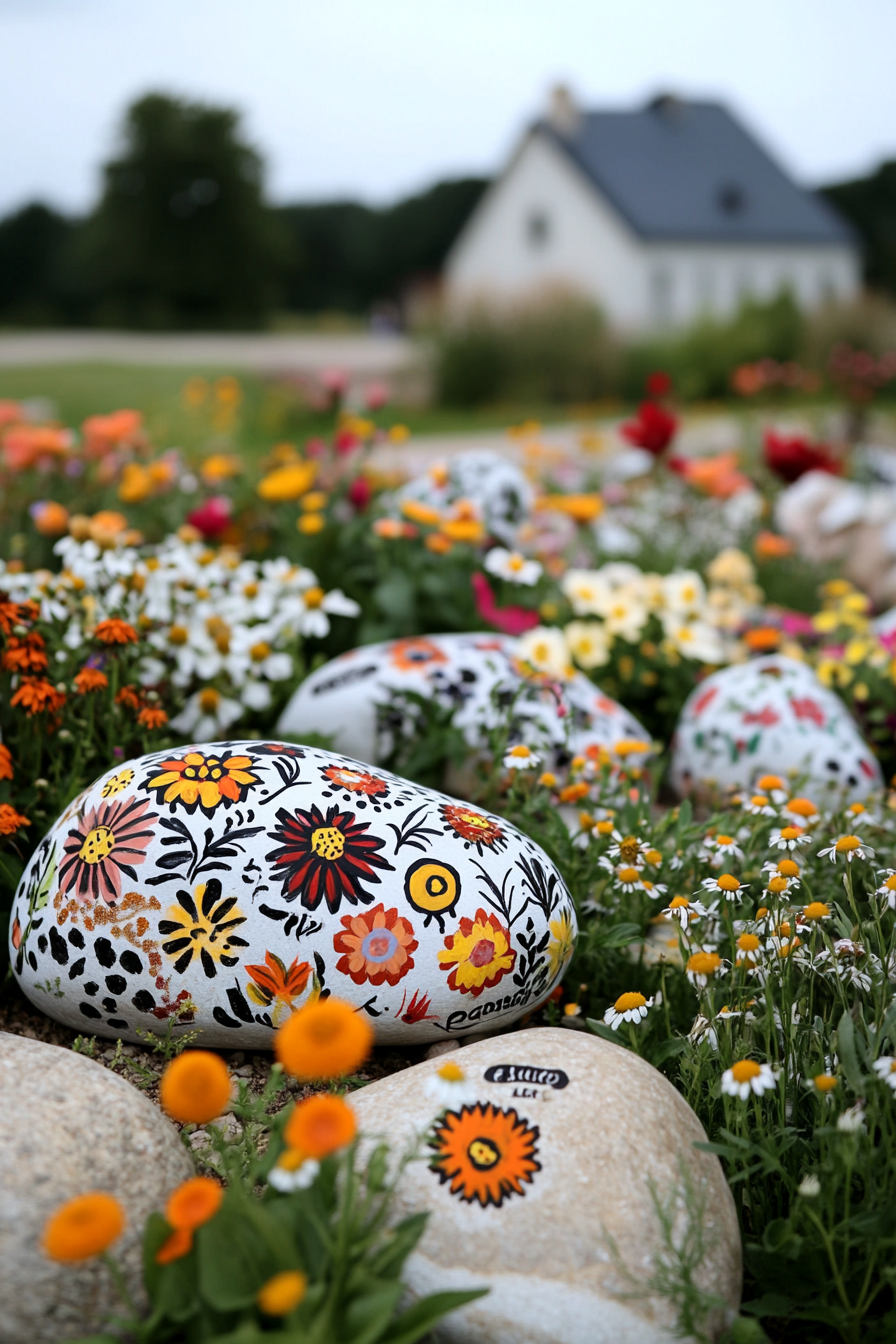 Painted rocks in bright colors used as plant labels and decorations in flower beds.