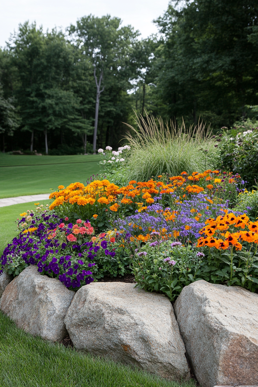 Rock borders defining the edges of flower beds with colorful blooms.
