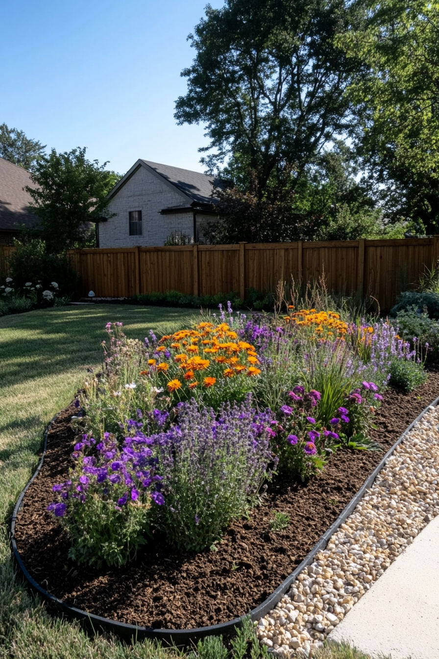 Gravel used as rock mulch in flower beds with shrubs.