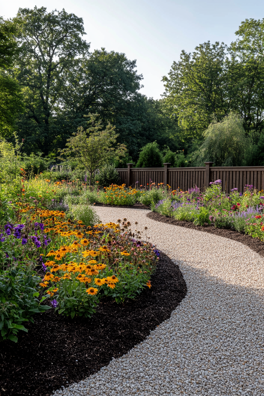 Neat gravel mulch around vibrant perennials in flower beds.