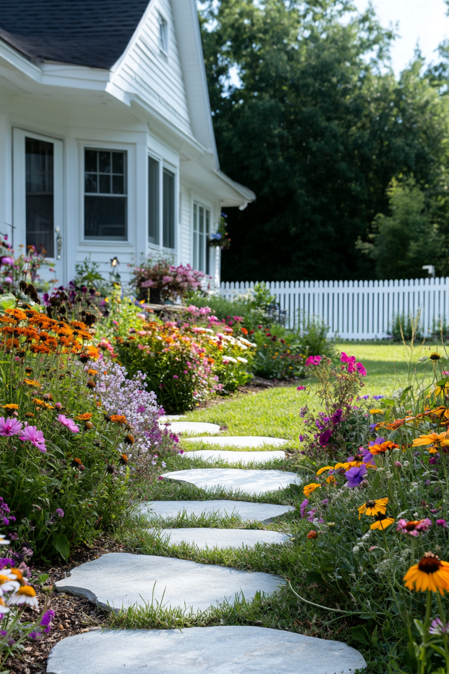 Stepping stones winding through colorful flower beds.